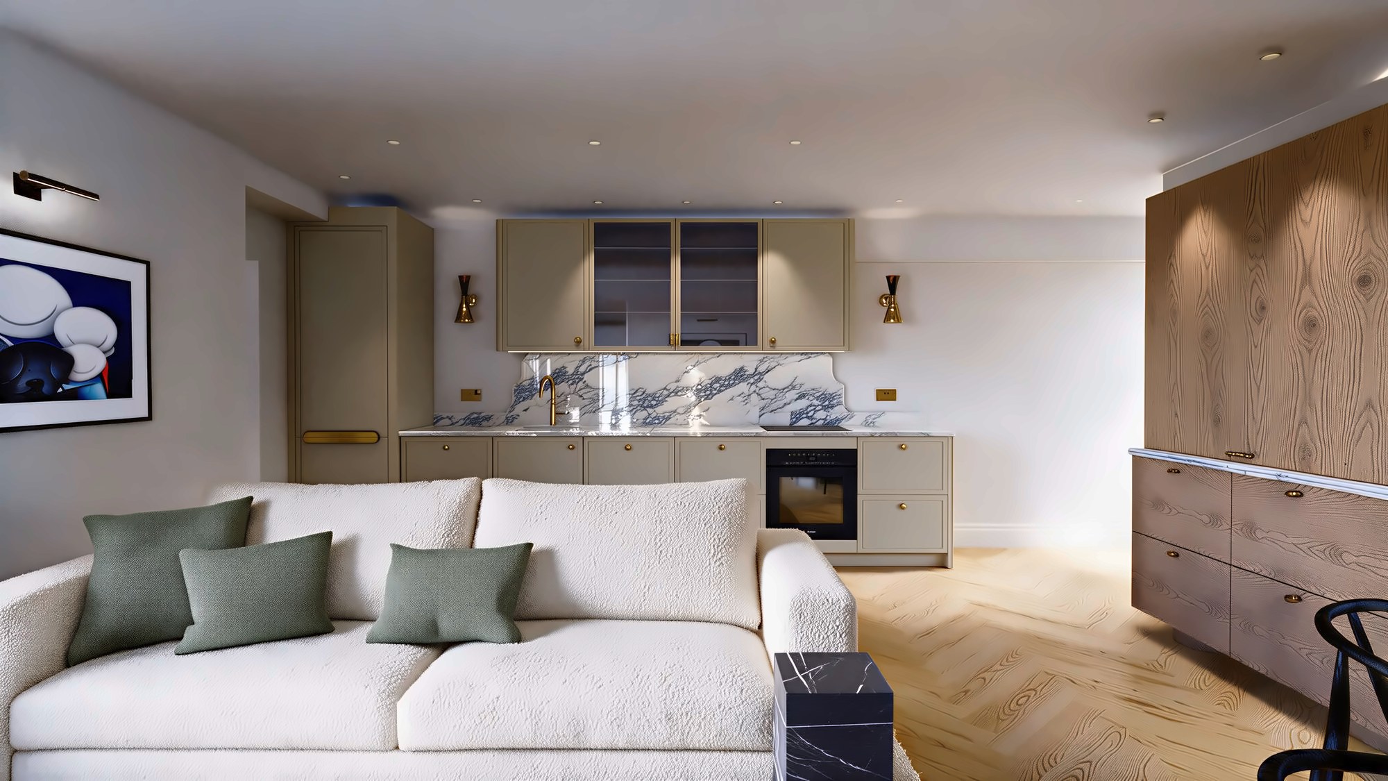 Lovely and Calm, kitchen and living, render