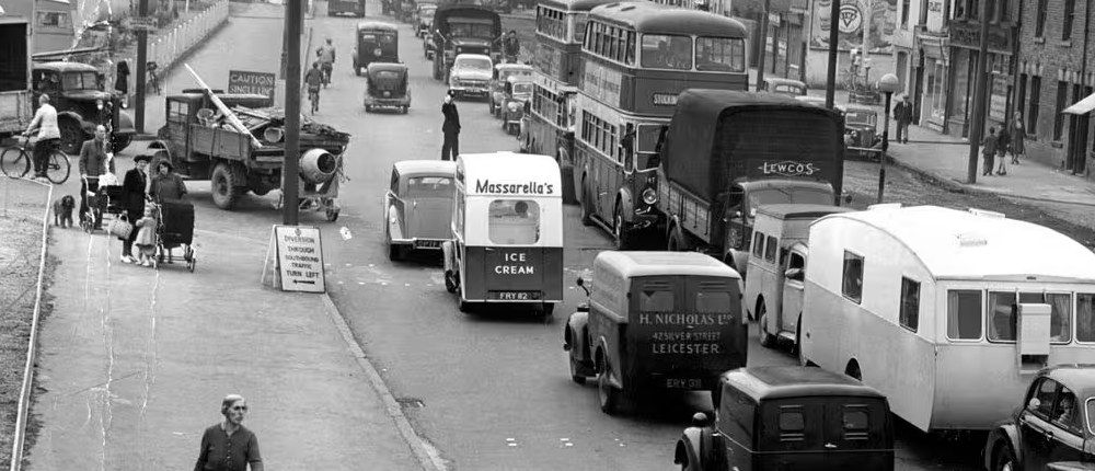 A Massarella's ice cream van in traffic, Leicester, 1950s