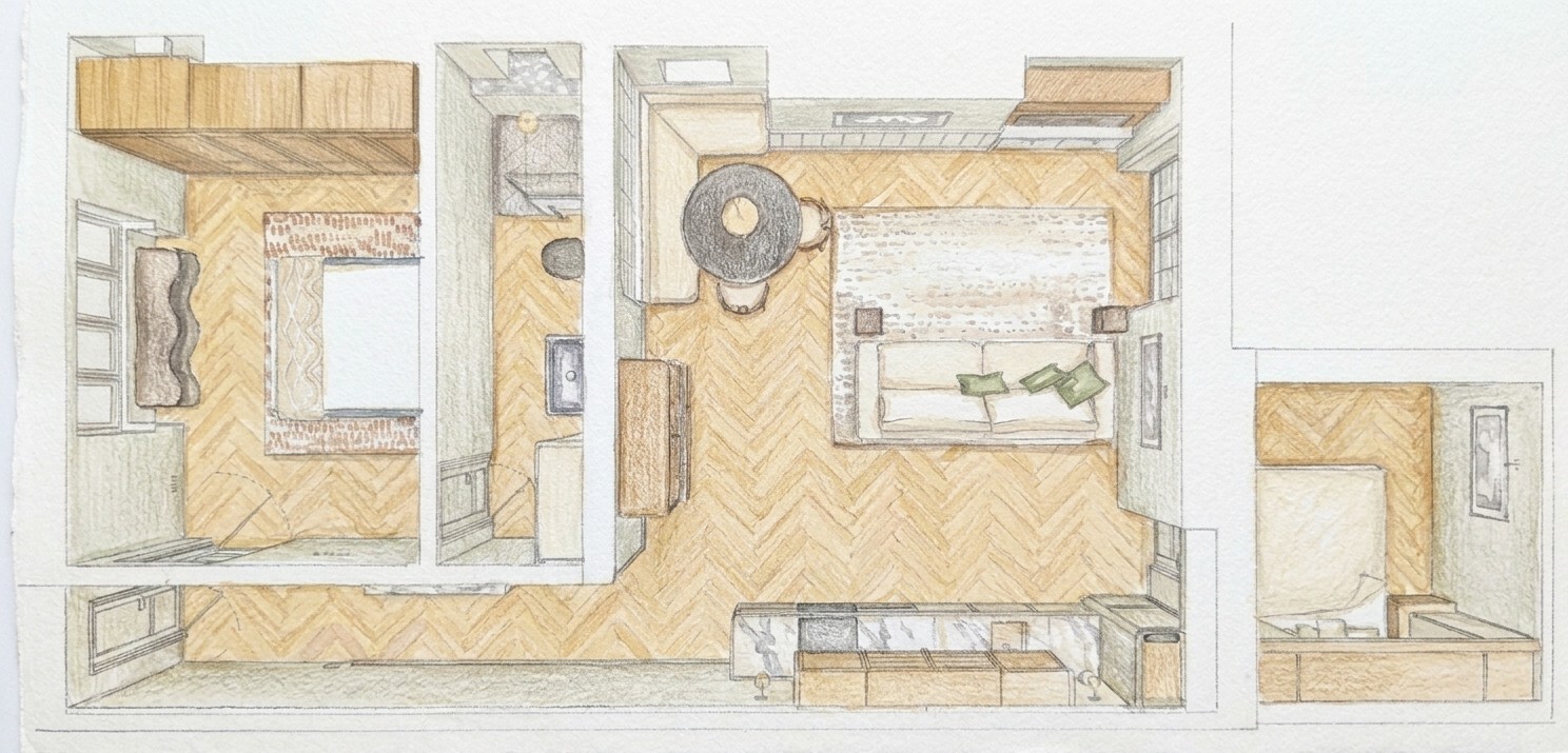 Lovely and Calm, the finished layout from above, in watercolour