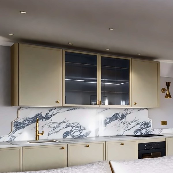 Lovely and Calm, marble splashback under fluted glass wall units
