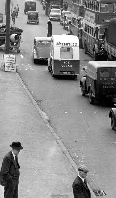 A Massarella's ice cream van in traffic, Leicester, 1950s