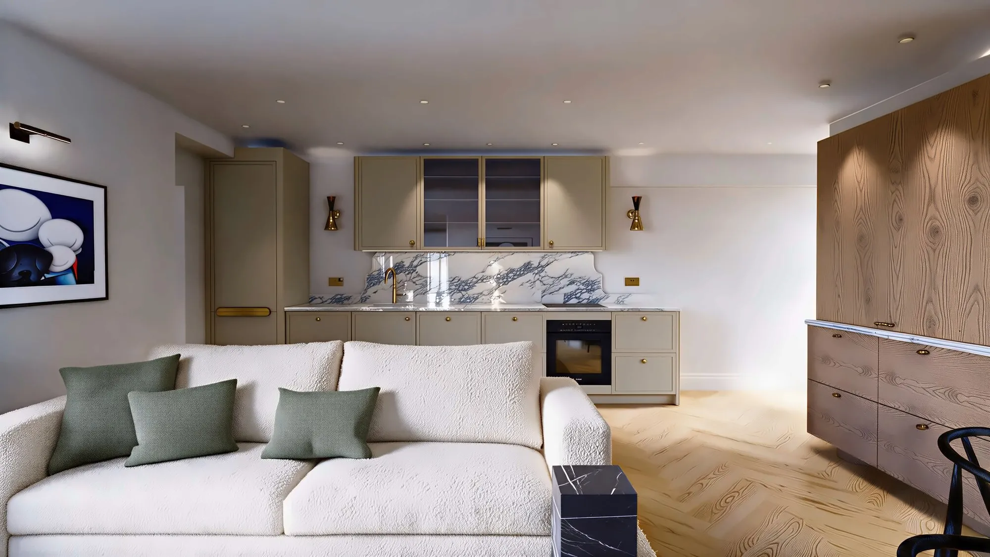 Lovely and Calm, kitchen and living, render