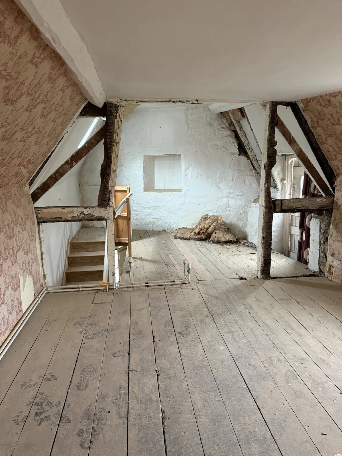 Sundial, as found: the timber trusses on the top floor