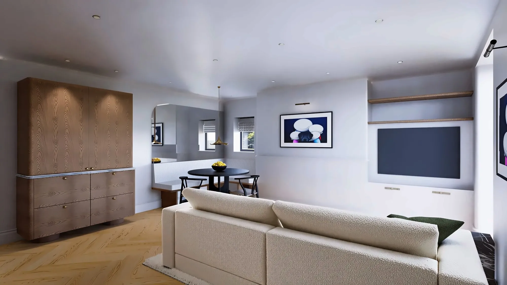 Lovely and Calm, living room and media wall, render