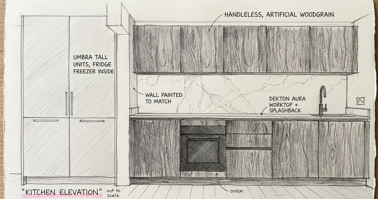 NoHi, The kitchen elevation, sketched