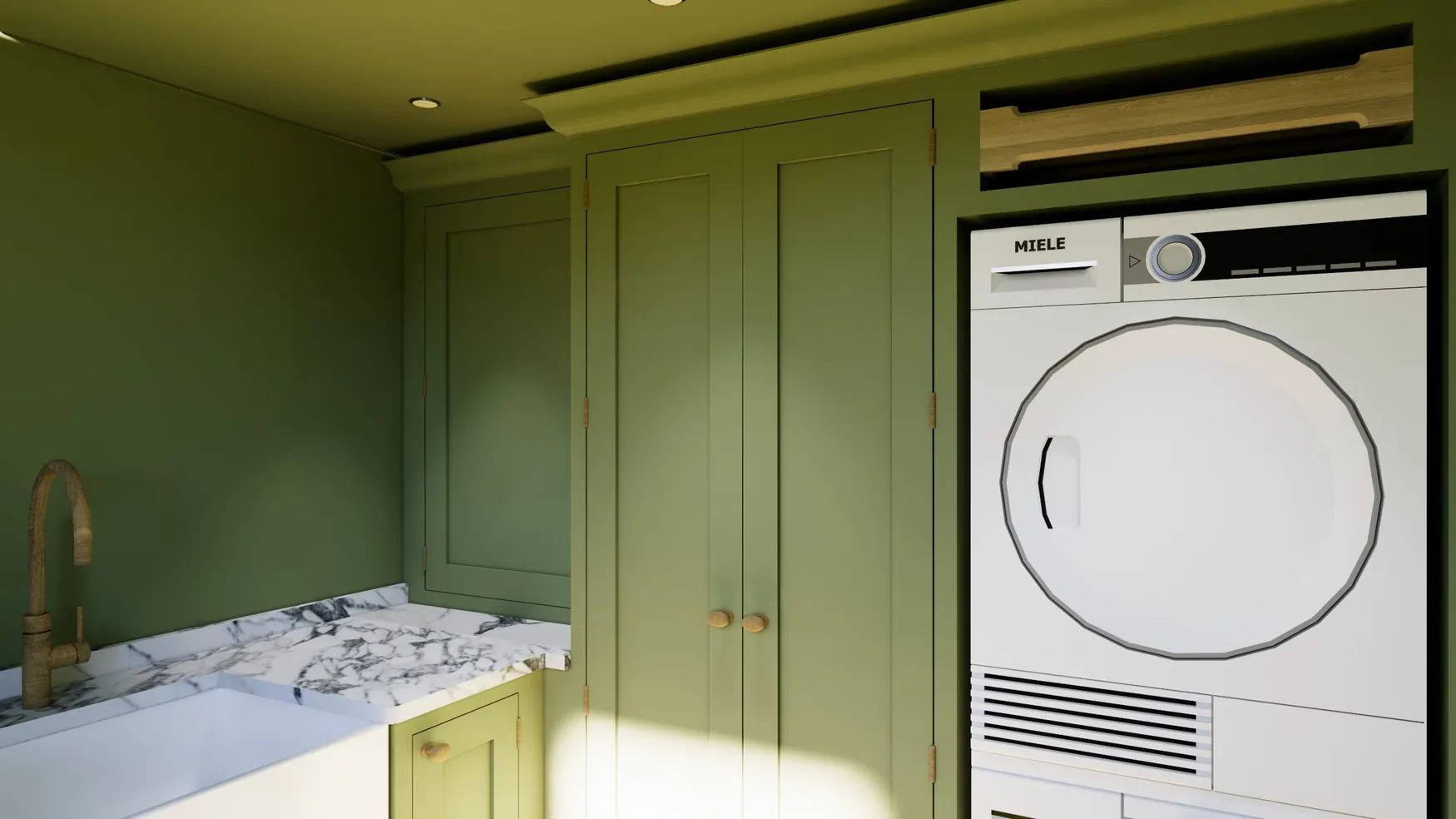 A Walk in the Park, The laundry cupboards and the stacked washer and dryer, rendered