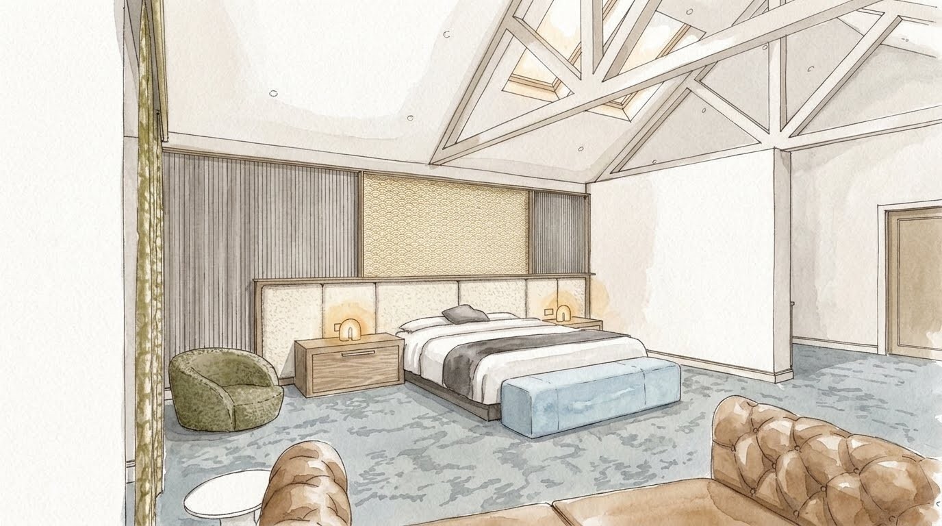 Suite Escape, The bed wall, painted in watercolour from the render